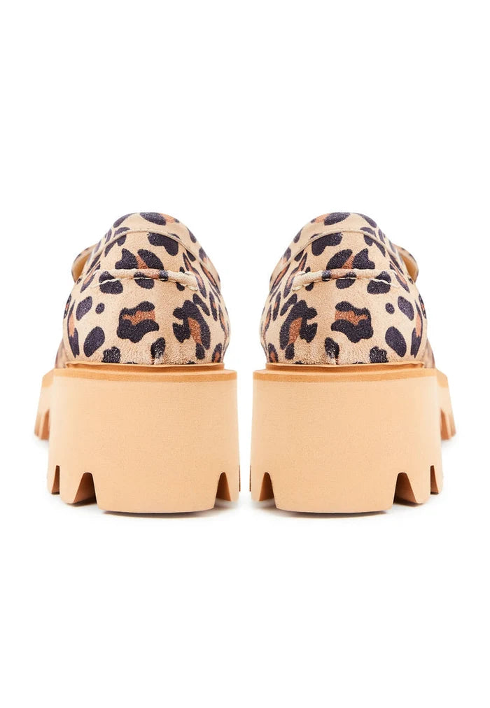 A trendy pair of chunky platform leopard print loafers, perfect for fashion-forward women looking to make a statement with their footwear.