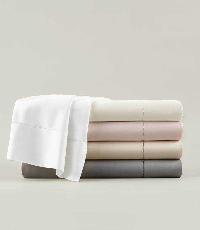 Clara Sateen Sheet Set Multi Stack, White Ivory Blush Linen Dark Gray