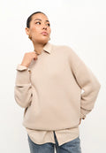 A stylish beige knit pullover, classic crew neck sweater inspired by Mulan, perfect for women's casual wear.