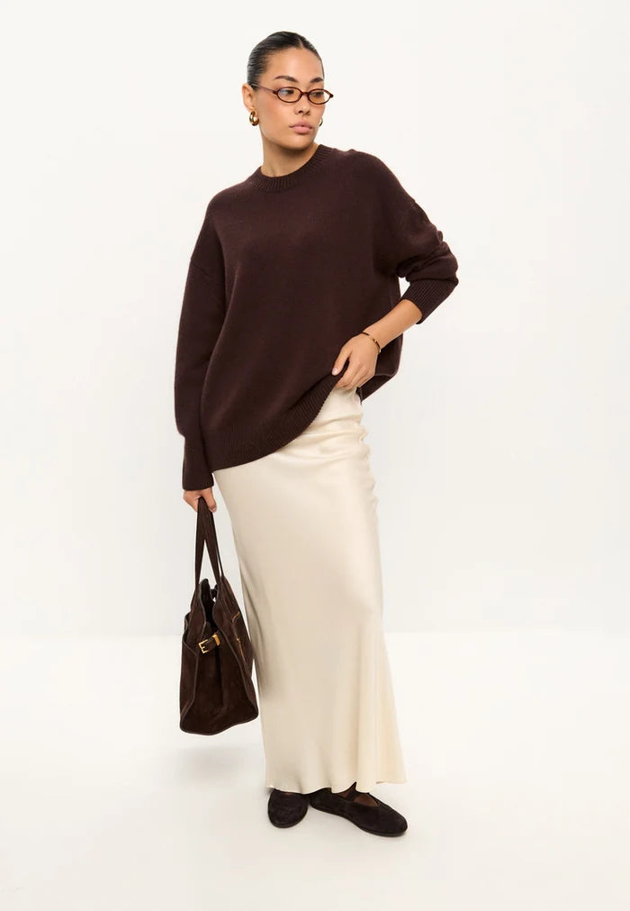 A cozy Classic Crew Neck Mulan Brown Sweater, perfect for winter fashion and casual knitwear, designed for women.