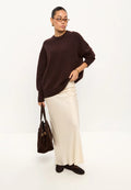 A cozy Classic Crew Neck Mulan Brown Sweater, perfect for winter fashion and casual knitwear, designed for women.