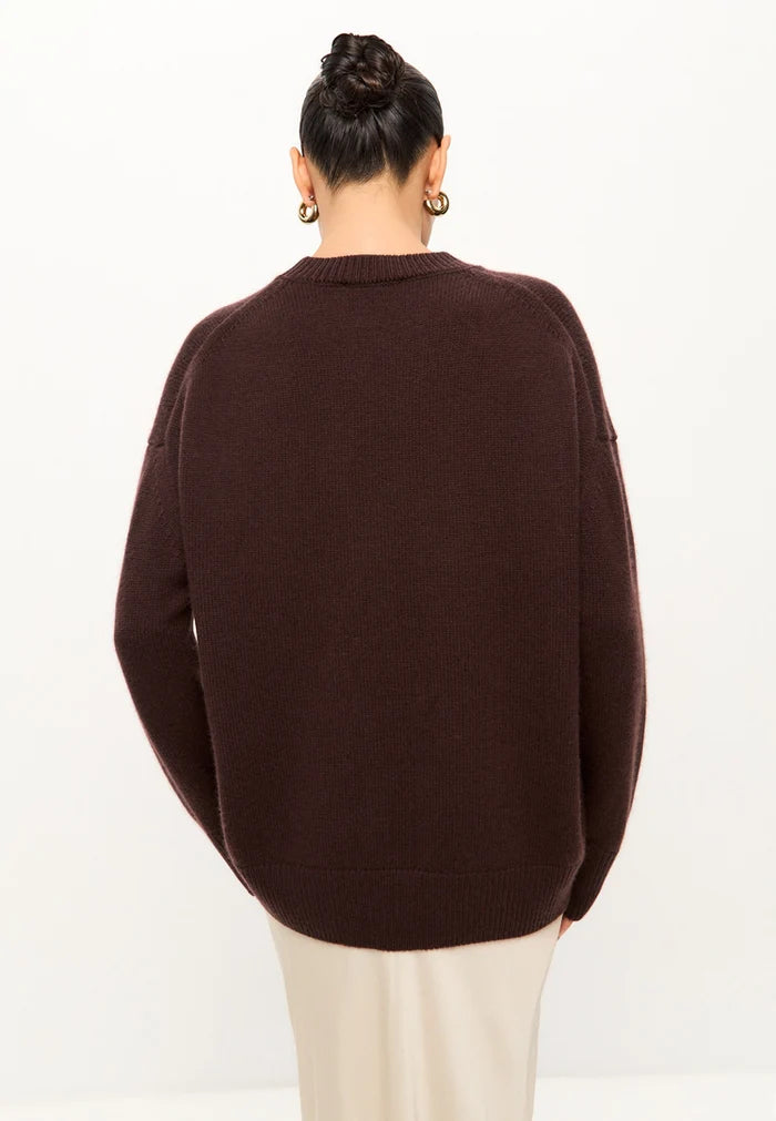 A cozy Mulan brown classic crew neck sweater for women, perfect for winter fashion and casual knitwear looks.