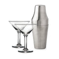 Two martini glasses and a stainless steel cocktail shaker with tapered design.