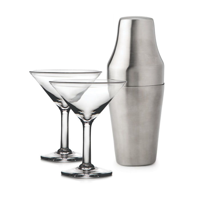 Two martini glasses and a stainless steel cocktail shaker with tapered design.
