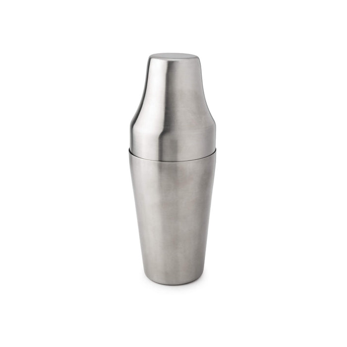 Stainless steel cocktail shaker with tapered top section and wider base, featuring a removable cap.