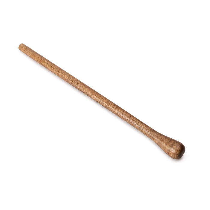 Tapered wooden cocktail stirrer with rounded handle in natural acacia wood finish.
