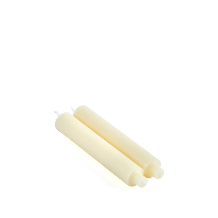 Two cream-colored taper candles with tapered ends, approximately 9 inches tall.