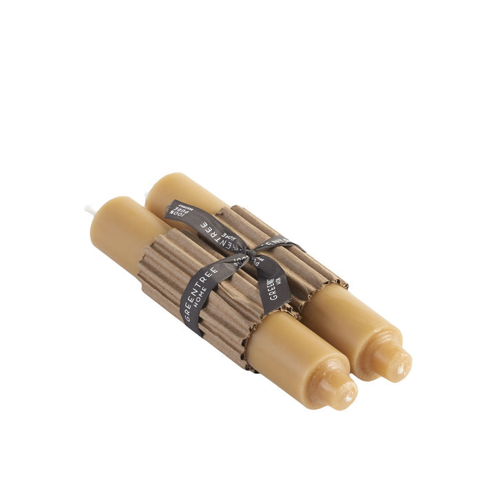 Two natural tapered column candles bundled together with a black label band.