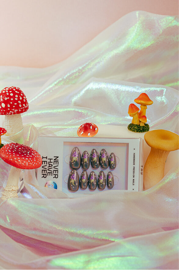 Cosmic Dance by Veronica Chen press-on nails with mushroom and grape design