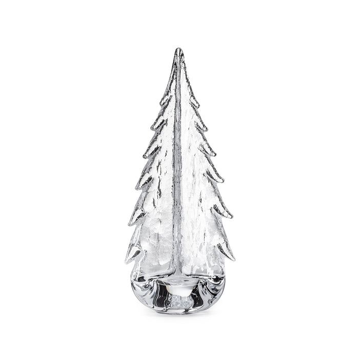 Clear glass evergreen tree with textured branches and rounded base.