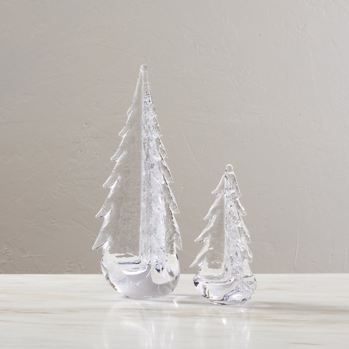 Two clear crackle glass evergreen trees with textured surfaces in tall and small sizes.
