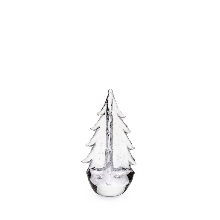 Clear glass evergreen tree-shaped candle with textured branches and rounded base.