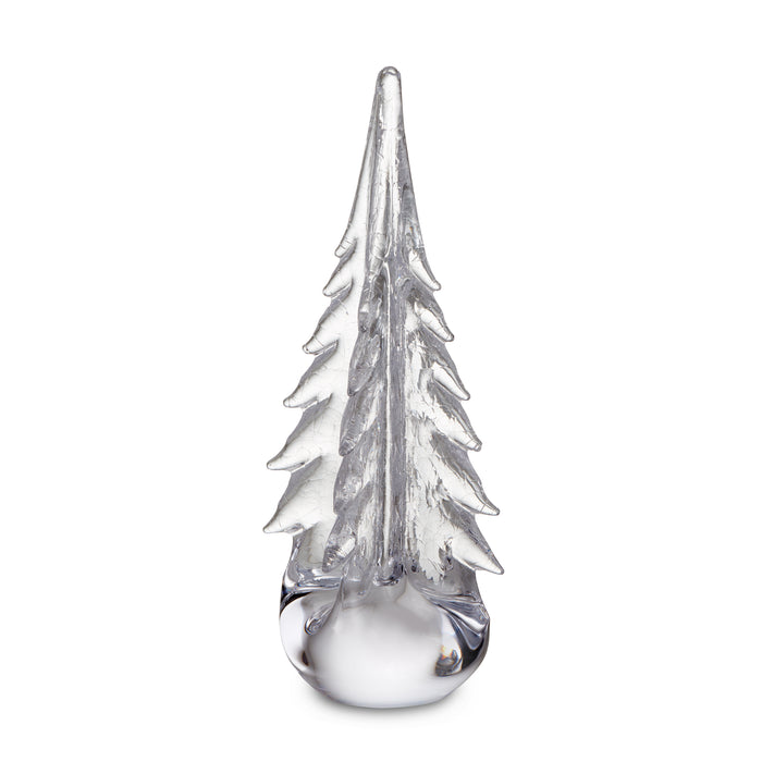 Clear glass evergreen tree with crackle texture and rounded base, approximately 12 inches tall.