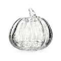 Clear glass pumpkin with crackle texture and stem handle on white background.