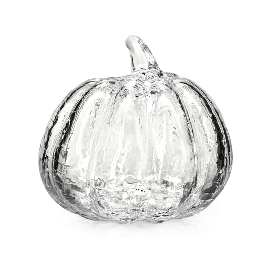 Clear glass pumpkin with crackle texture and stem handle on white background.