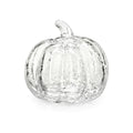 Clear glass pumpkin with crackle texture and curved stem on top.