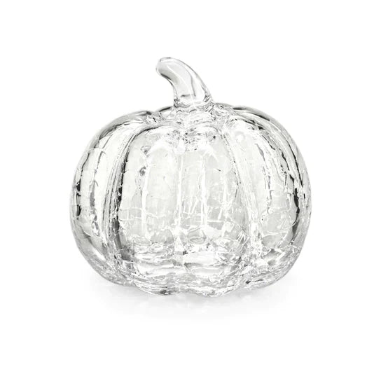 Clear glass pumpkin with crackle texture and curved stem on top.