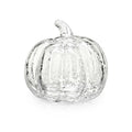 Clear glass pumpkin with crackle texture and stem on white background.