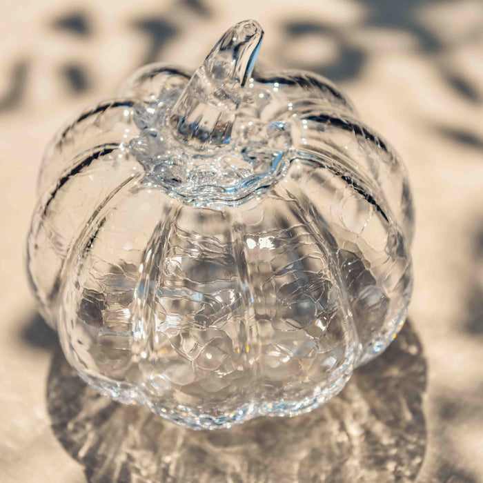 Clear glass pumpkin with crackle texture and stem detail.