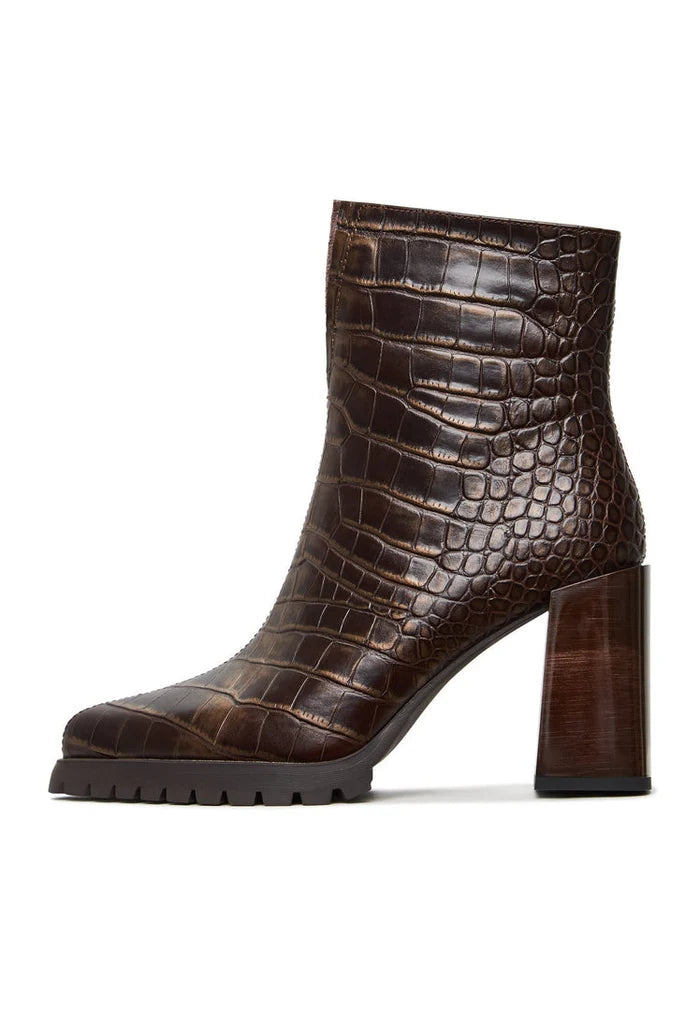 A stylish pair of women's brown block heel boots with croc texture, known as Helen brown boots.