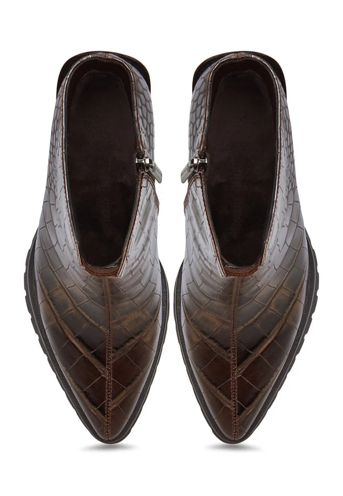 A stylish pair of women's Croc block heel boots in Helen brown with crocodile textured print.