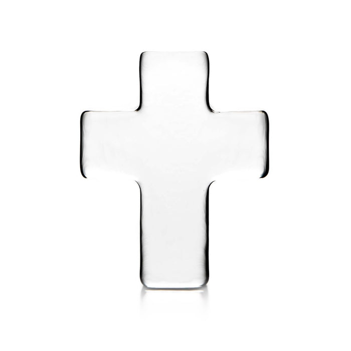 Clear glass cross with rounded edges and curved inward sides on white background.