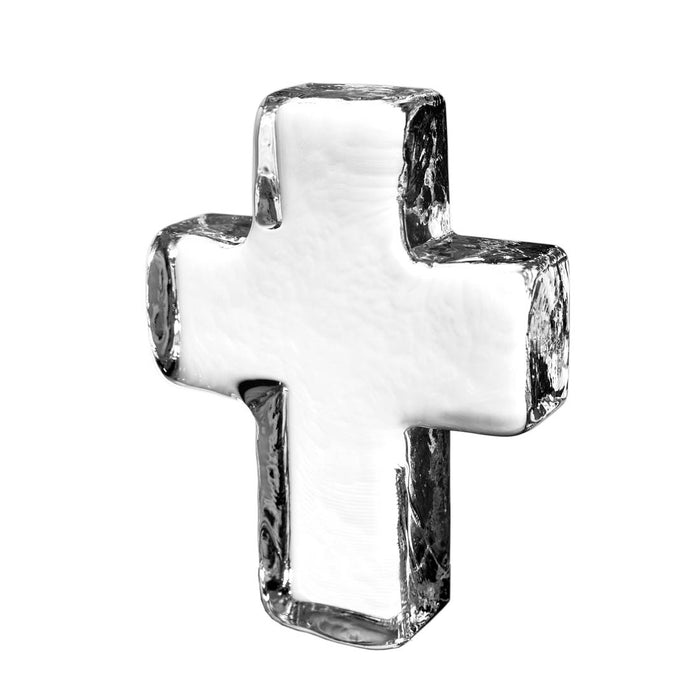 Clear glass cross with textured black edges and rounded corners, displayed against white background.