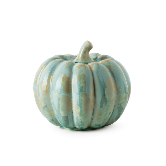 Decorative pumpkin with blue-green crystalline glaze and ridged surface, featuring a curved stem on top.