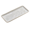 Small rectangular platter with cream-colored rim and embossed floral pattern on frosted white surface.