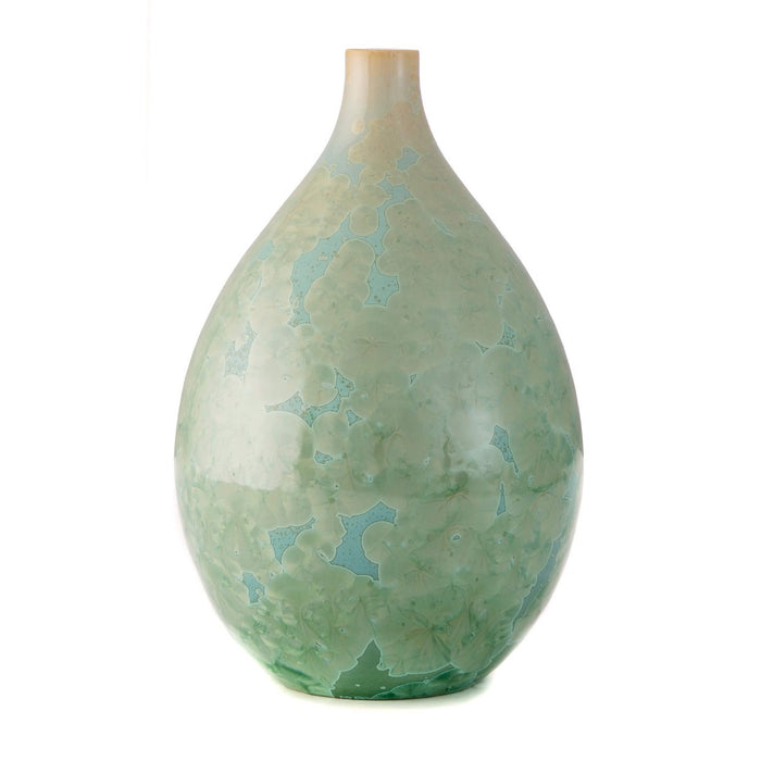 Jade-colored teardrop vase with crystalline texture and blue-toned patterned surface.