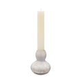 White crystalline candlestick holder with bulbous base and cylindrical socket holding a cream taper candle.