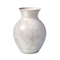 White crystalline vase with bulbous body, narrow neck, and floral etched pattern throughout.