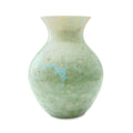 Jade-colored crystalline vase with speckled texture and blue veining throughout, bulbous body with flared rim.