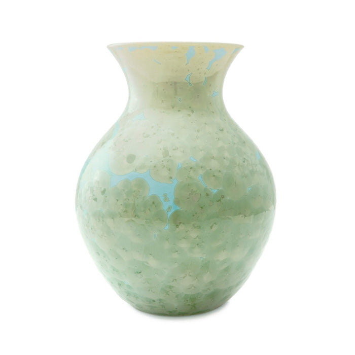 Jade-colored crystalline vase with speckled texture and blue veining throughout, bulbous body with flared rim.