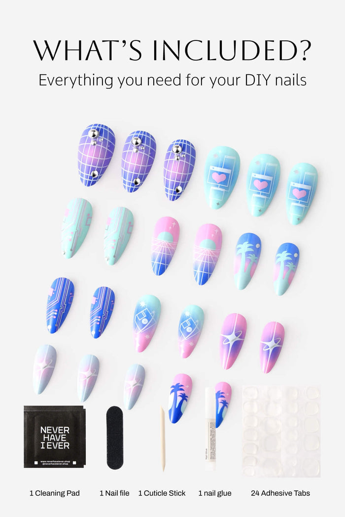 Cyber Punk press-on nails by Jade Roland. Includes neon grid, computer, and sunset designs. Kit has glue, file, stick, and adhesive tabs.