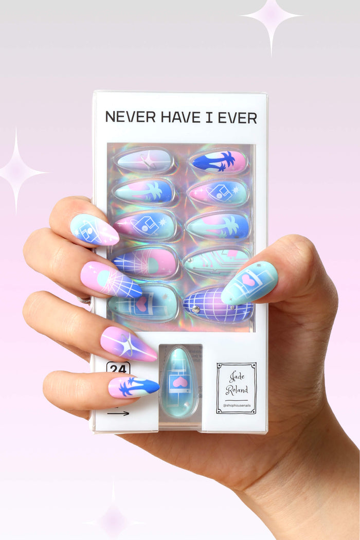 Cyber Punk press-on nails with pastel gradient and retro-futuristic designs