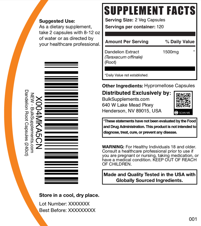 Dandelion Root Capsules 240ct Plain Label