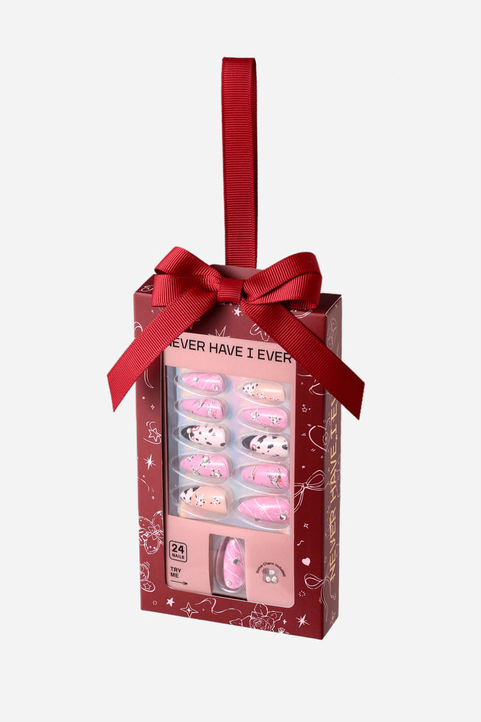 Dashing Dalmation almond press-on nails set with pink, black spots & hearts in festive red gift box with ribbon.