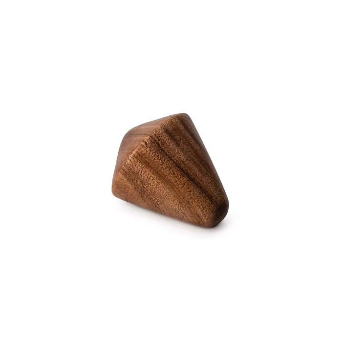 Brown wooden decanter stopper with tapered conical shape and textured acacia wood surface.