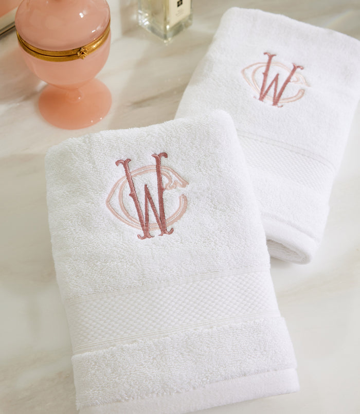 Diamond Towel in White, monogrammed in pink thread