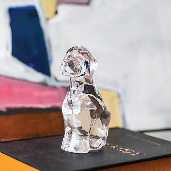 Clear crystal dog figurine sitting upright on a black surface with blurred colorful objects in background.