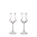 Two clear glass aperitif glasses with curved bowls and thin stems on circular bases.