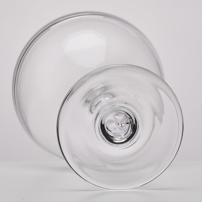 Two clear glass coupes with wide bowls and thin rims, shown from above and side angle.