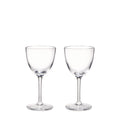 Two clear glass cocktail glasses with rounded bowls and thin stems on circular bases.