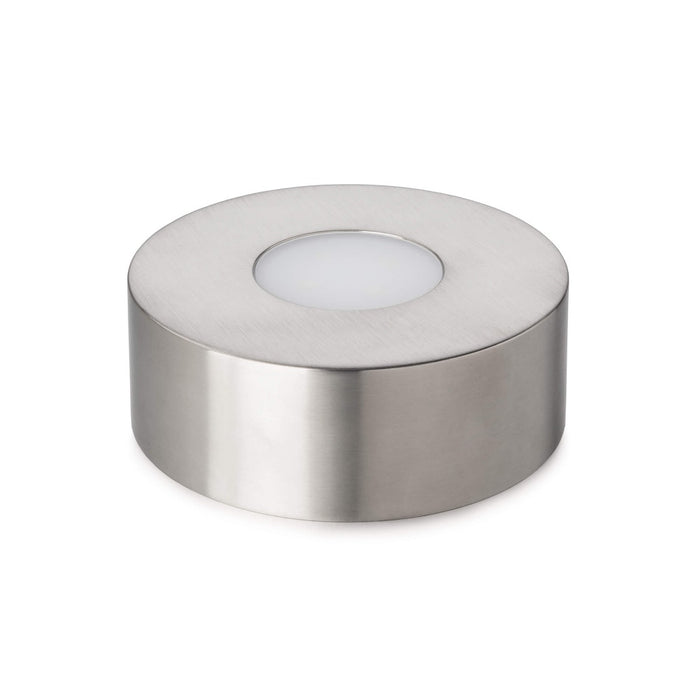 Brushed stainless steel cylindrical base with centered circular LED light panel on top surface.