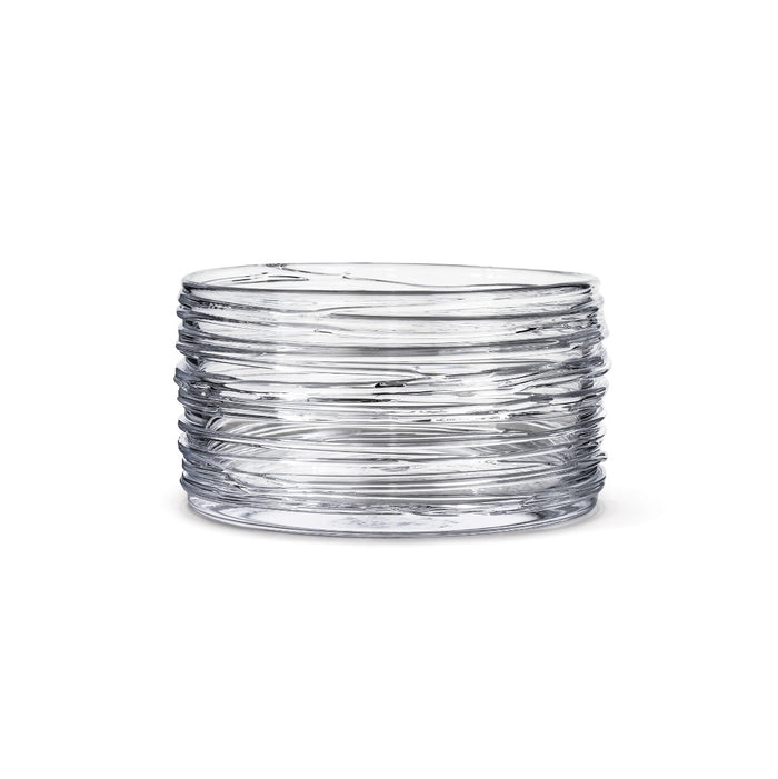 Clear glass bowl with horizontal rippled texture bands around the exterior.