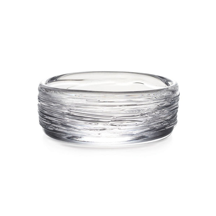 Clear glass coaster with textured gray and white brushstroke pattern around the middle band.