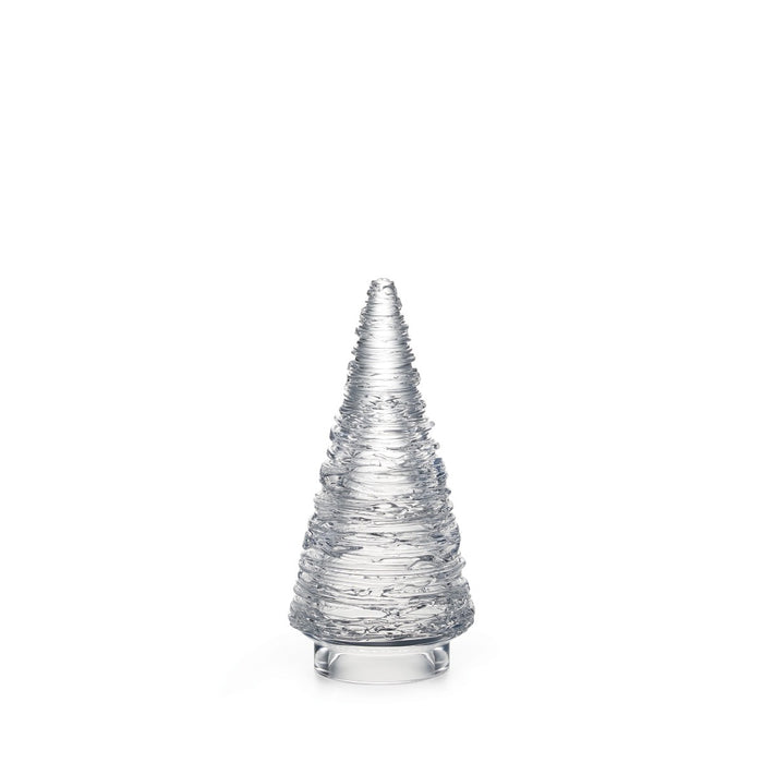 Clear glass cone-shaped tree with textured horizontal bands and a clear base.