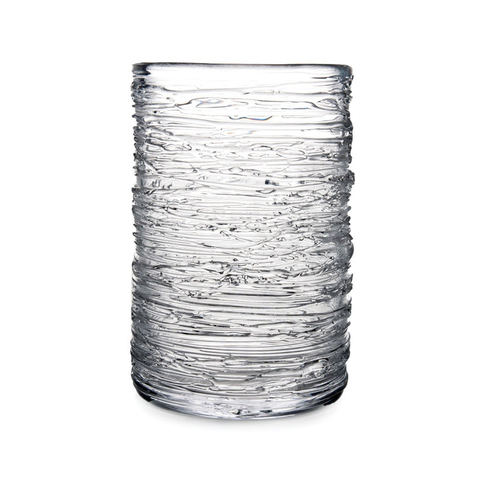 Clear glass tumbler with horizontal textured ridges throughout the cylindrical body.