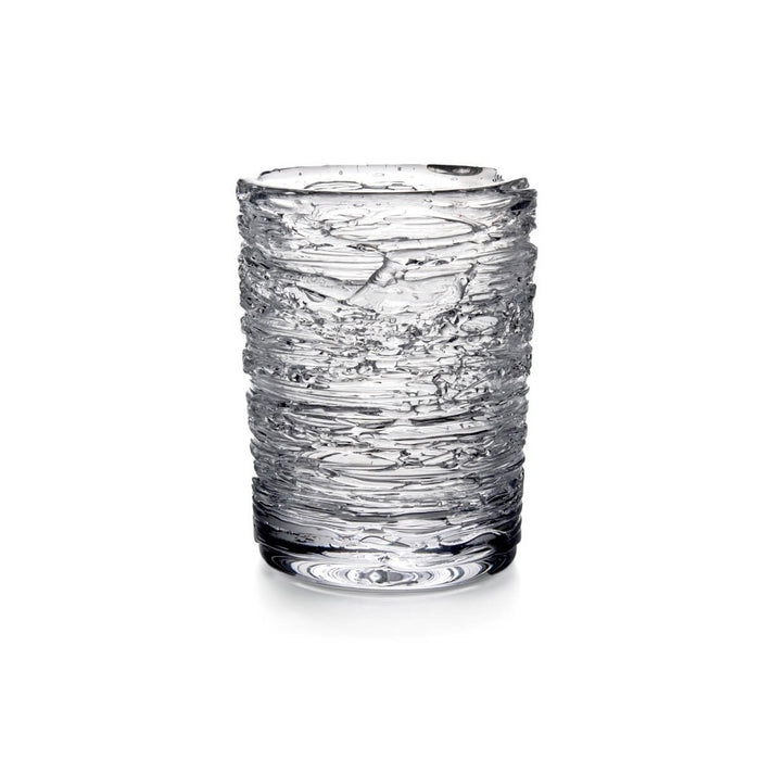 Clear glass tumbler with textured horizontal bands wrapping around the cylindrical body.
